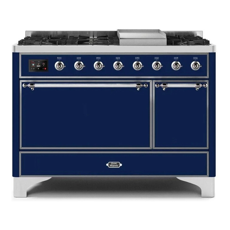 ILVE UM12FDQNS3MBCLP Majestic II 48" Dual Fuel Range (Liquid Propane, Solid Door, Midnight Blue, Chrome)