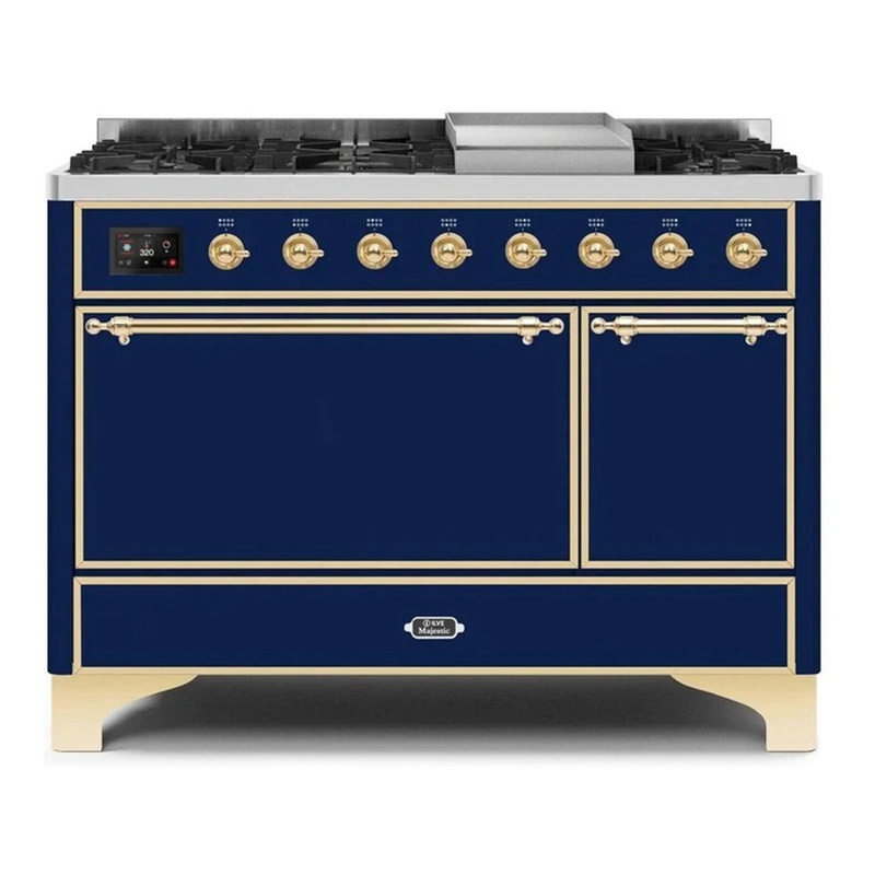 ILVE UM12FDQNS3MBGLP Majestic II 48" Dual Fuel Range (Liquid Propane, Solid Door, Midnight Blue, Brass)