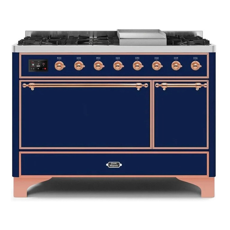 ILVE UM12FDQNS3MBPLP Majestic II 48" Dual Fuel Range (Liquid Propane, Solid Door, Midnight Blue, Copper)