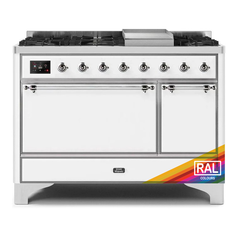 ILVE UM12FDQNS3RACLP Majestic II 48" Dual Fuel Range (Liquid Propane, Solid Door, RAL, Chrome)