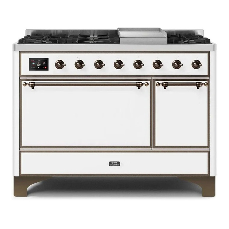 ILVE UM12FDQNS3WHBLP Majestic II 48" Dual Fuel Range (Liquid Propane, Solid Door, White, Bronze)