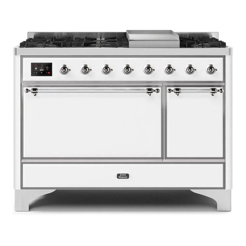 ILVE UM12FDQNS3WHCLP Majestic II 48" Dual Fuel Range (Liquid Propane, Solid Door, White, Chrome)