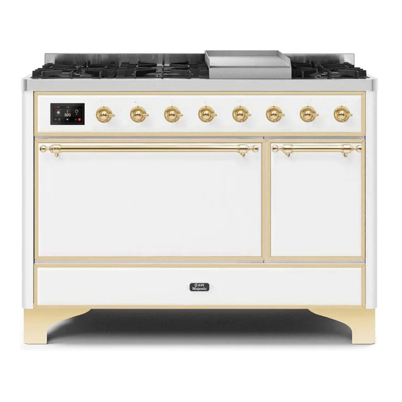 ILVE UM12FDQNS3WHGLP Majestic II 48" Dual Fuel Range (Liquid Propane, Solid Door, White, Brass)