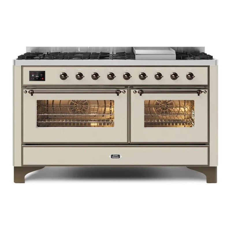 ILVE UM15FDNS3AWBLP Majestic II 60" Dual Fuel Range (Liquid Propane, Triple Glass Door, Antique White, Burnished)