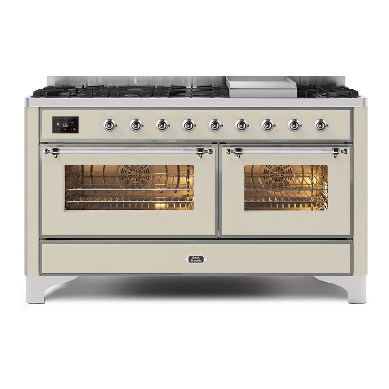 ILVE UM15FDNS3AWCLP Majestic II 60" Dual Fuel Range (Liquid Propane, Triple Glass Door, Antique White, Chrome)