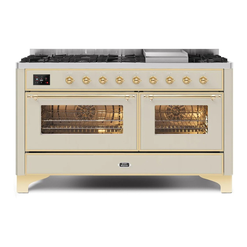 ILVE UM15FDNS3AWGLP Majestic II 60" Dual Fuel Range (Liquid Propane, Triple Glass Door, Antique White, Brass)