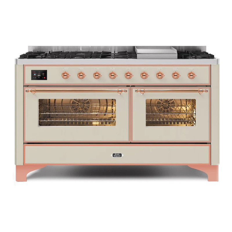 ILVE UM15FDNS3AWPLP Majestic II 60" Dual Fuel Range (Liquid Propane, Triple Glass Door, Antique White, Copper)