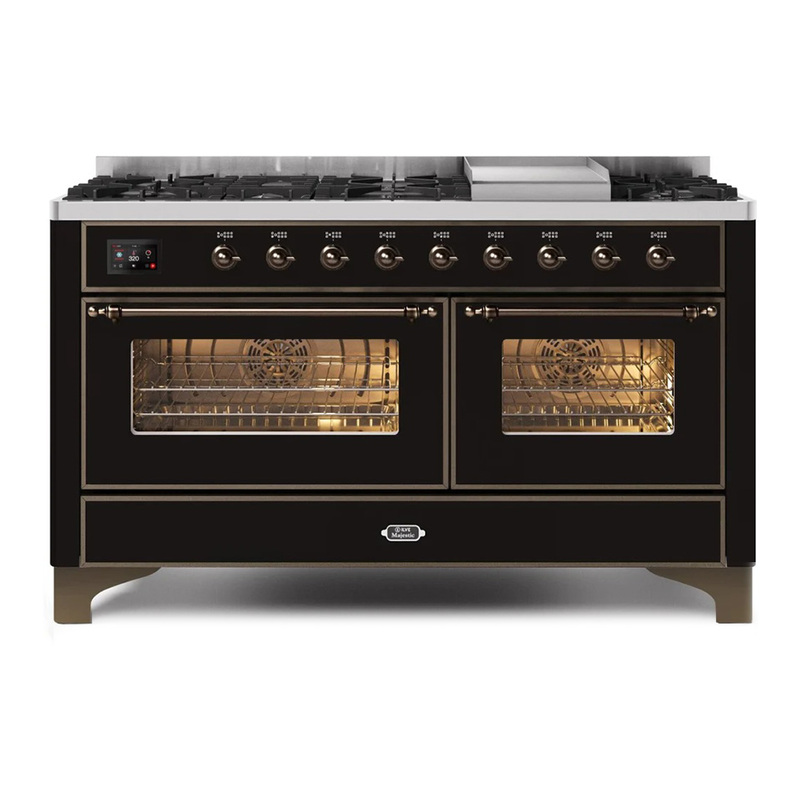 ILVE UM15FDNS3BKBLP Majestic II 60" Dual Fuel Range (Liquid Propane, Triple Glass Door, Glossy Black, Bronze)