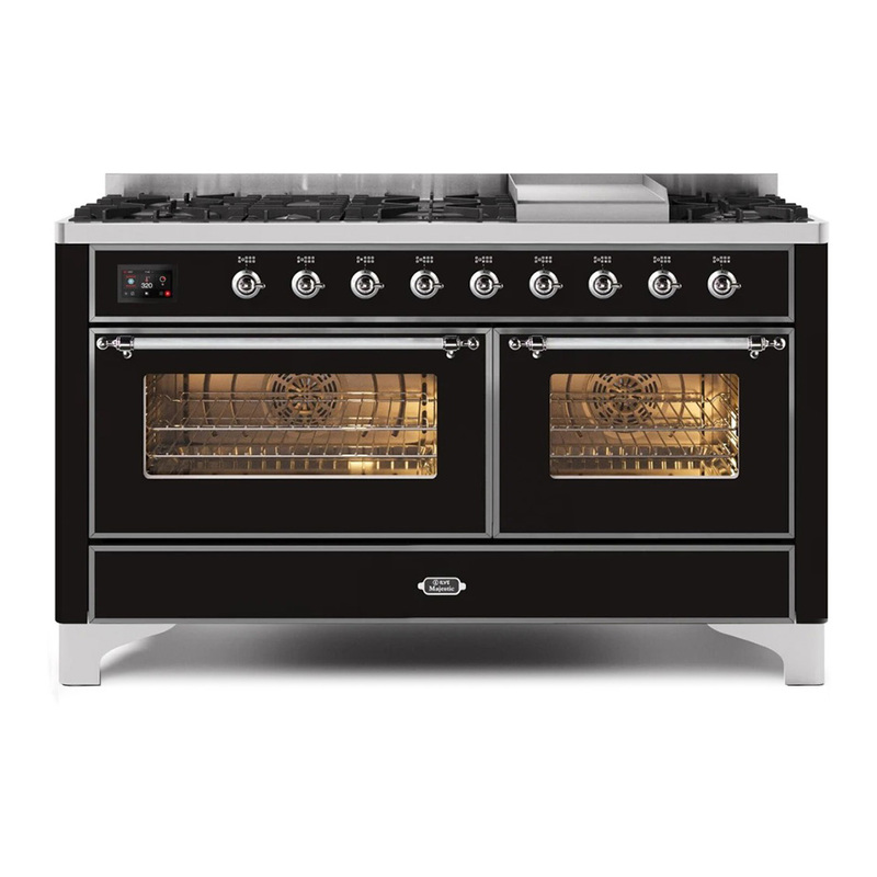 ILVE UM15FDNS3BKCLP Majestic II 60" Dual Fuel Range (Liquid Propane, Triple Glass Door, Glossy Black, Chrome)