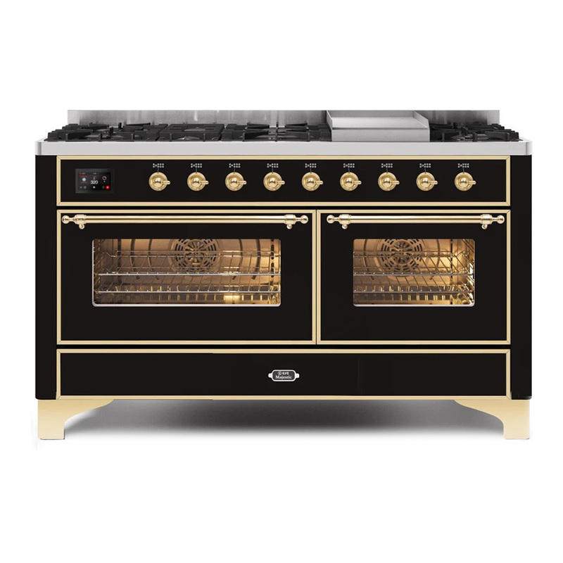 ILVE UM15FDNS3BKGLP Majestic II 60" Dual Fuel Range (Liquid Propane, Triple Glass Door, Glossy Black, Brass)