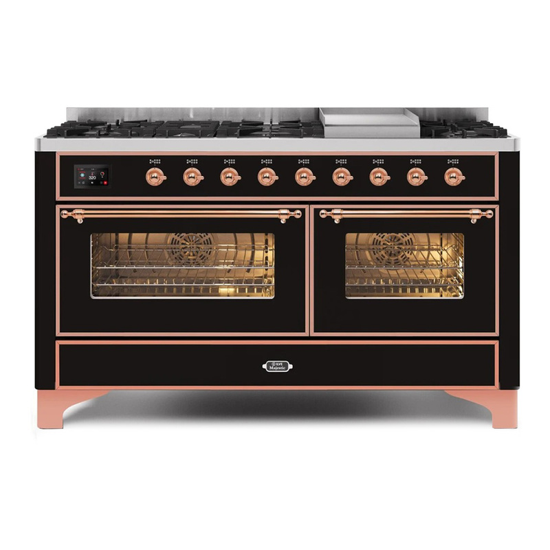 ILVE UM15FDNS3BKPLP Majestic II 60" Dual Fuel Range (Liquid Propane, Triple Glass Door, Glossy Black, Copper)