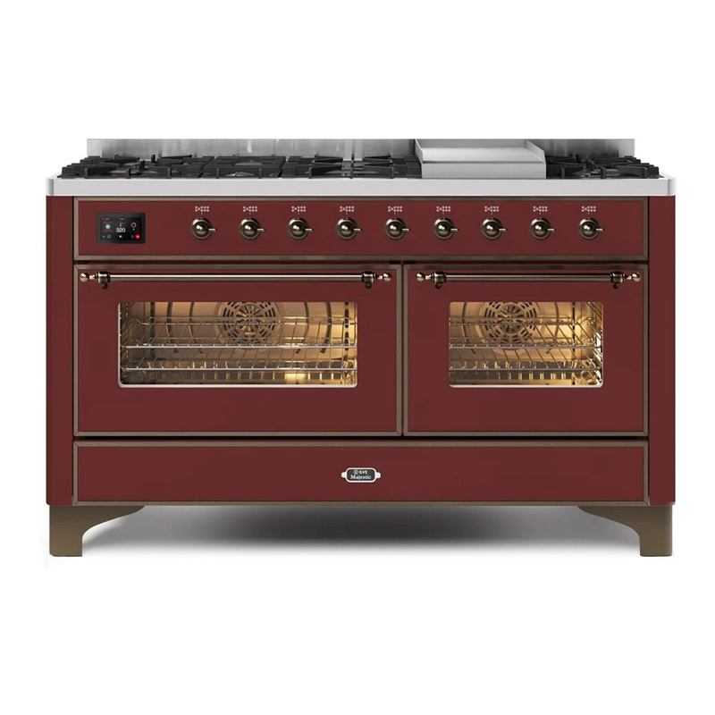 ILVE UM15FDNS3BUBLP Majestic II 60" Dual Fuel Range (Liquid Propane, Triple Glass Door, Burgundy, Bronze)