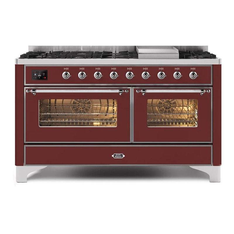 ILVE UM15FDNS3BUCLP Majestic II 60" Dual Fuel Range (Liquid Propane, Triple Glass Door, Burgundy, Chrome)