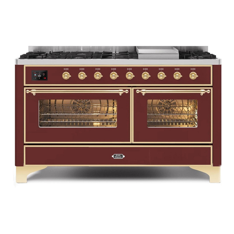 ILVE UM15FDNS3BUGLP Majestic II 60" Dual Fuel Range (Liquid Propane, Triple Glass Door, Burgundy, Brass)