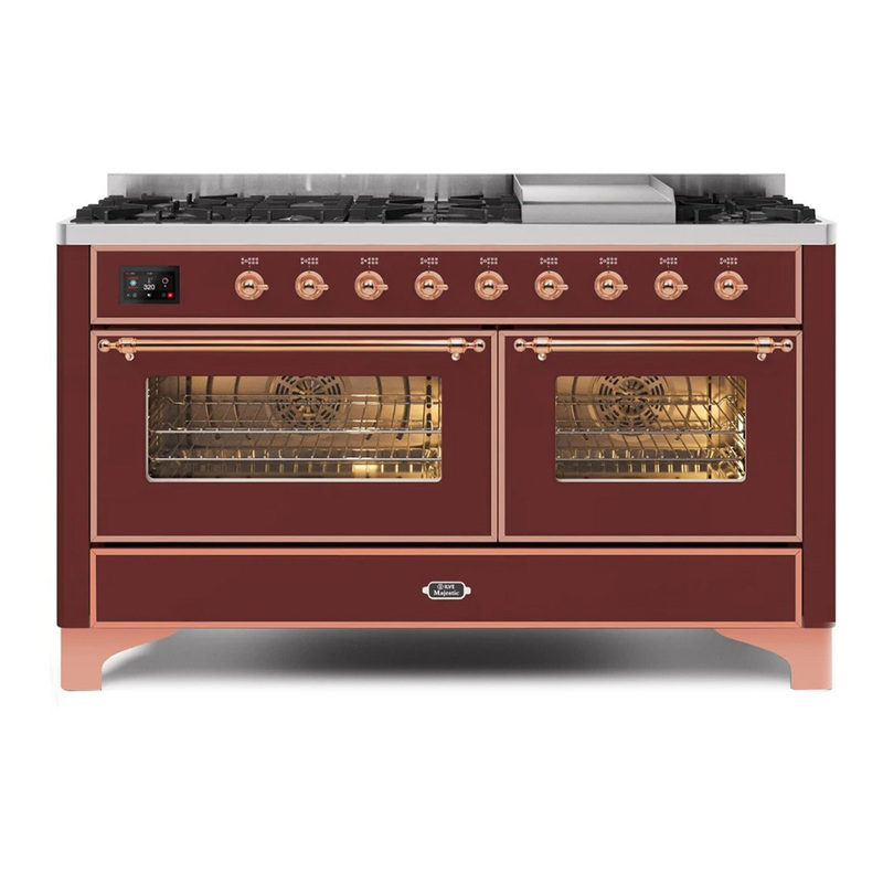 ILVE UM15FDNS3BUPLP Majestic II 60" Dual Fuel Range (Liquid Propane, Triple Glass Door, Burgundy, Copper)