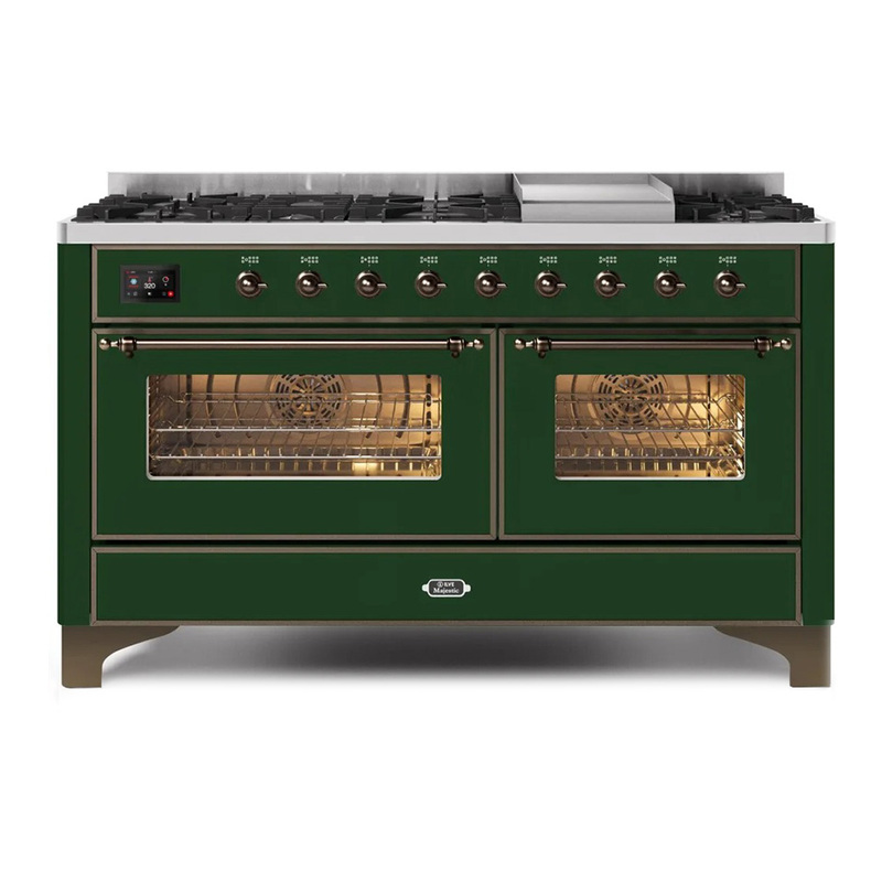 ILVE UM15FDNS3EGBLP Majestic II 60" Dual Fuel Range (Liquid Propane, Triple Glass Door, Emerald Green, Bronze)