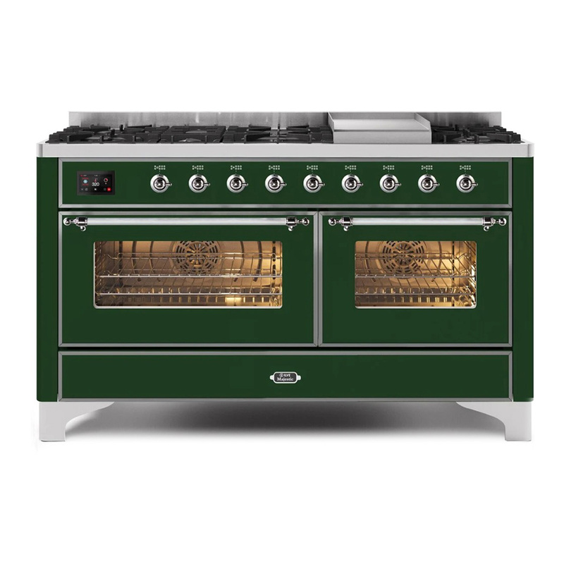 ILVE UM15FDNS3EGCLP Majestic II 60" Dual Fuel Range (Liquid Propane, Triple Glass Door, Emerald Green, Chrome)