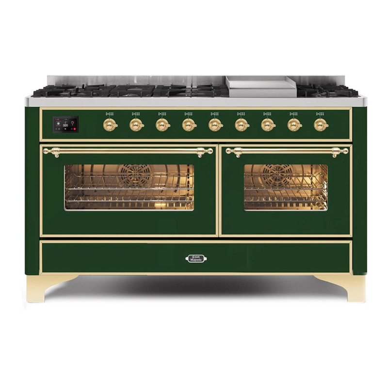 ILVE UM15FDNS3EGGLP Majestic II 60" Dual Fuel Range (Liquid Propane, Triple Glass Door, Emerald Green, Brass)