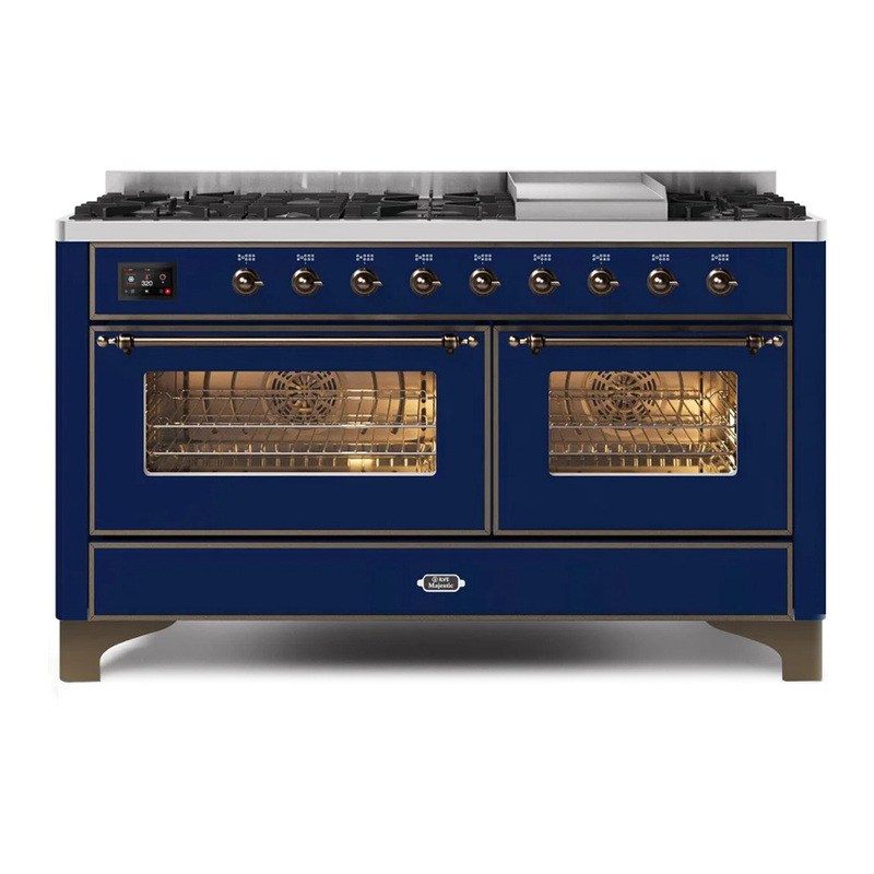 ILVE UM15FDNS3MBBLP Majestic II 60" Dual Fuel Range (Liquid Propane, Triple Glass Door, Midnight Blue, Burnished)