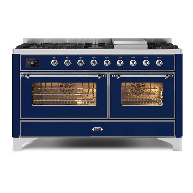 ILVE UM15FDNS3MBCLP Majestic II 60" Dual Fuel Range (Liquid Propane, Triple Glass Door, Midnight Blue, Chrome)