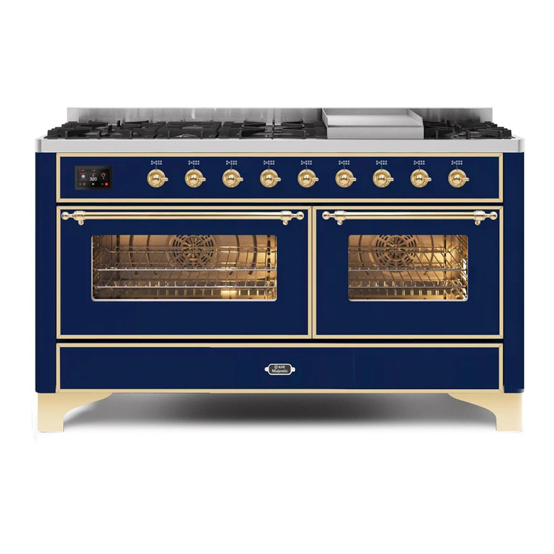 ILVE UM15FDNS3MBGLP Majestic II 60" Dual Fuel Range (Liquid Propane, Triple Glass Door, Midnight Blue, Brass)