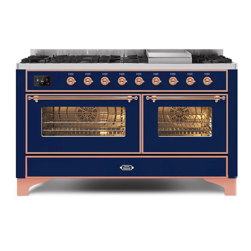 ILVE UM15FDNS3MBPLP Majestic II 60" Dual Fuel Range (Liquid Propane, Triple Glass Door, Midnight Blue, Copper)