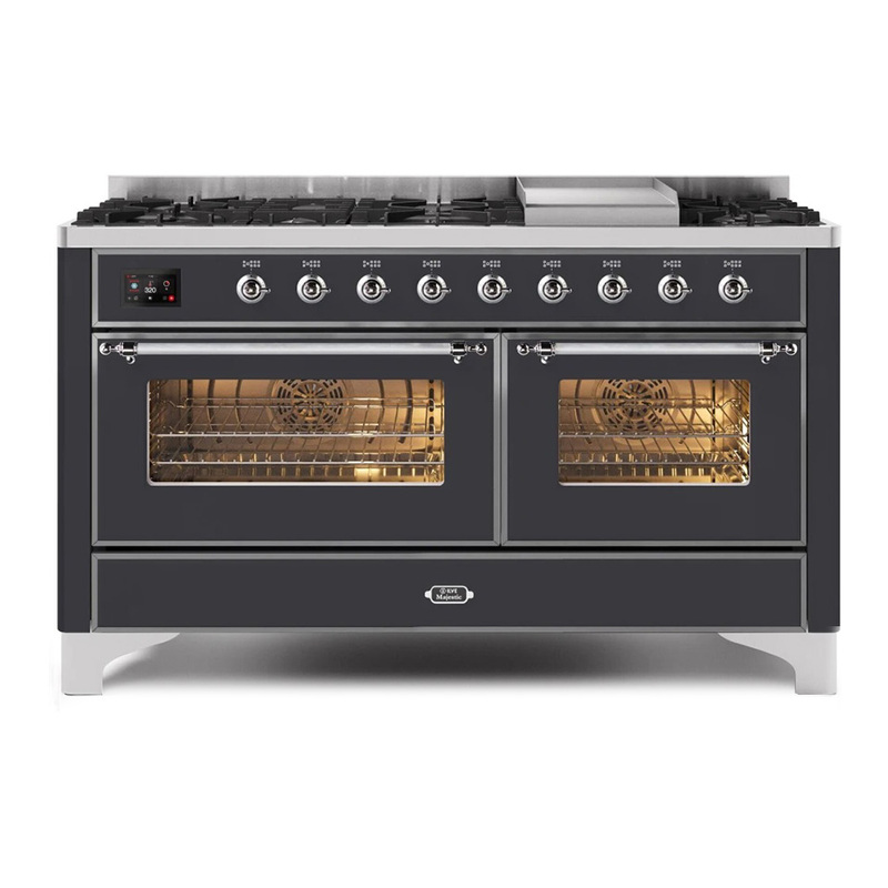 ILVE UM15FDNS3MGCLP Majestic II 60" Dual Fuel Range (Liquid Propane, Triple Glass Door, Graphite Matte, Chrome)