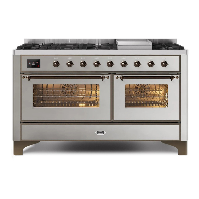 ILVE UM15FDNS3SSBLP Majestic II 60" Dual Fuel Range (Liquid Propane, Triple Glass Door, Stainless Steel, Bronze)