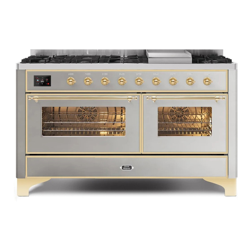 ILVE UM15FDNS3SSGLP Majestic II 60" Dual Fuel Range (Liquid Propane, Triple Glass Door, Stainless Steel, Brass)