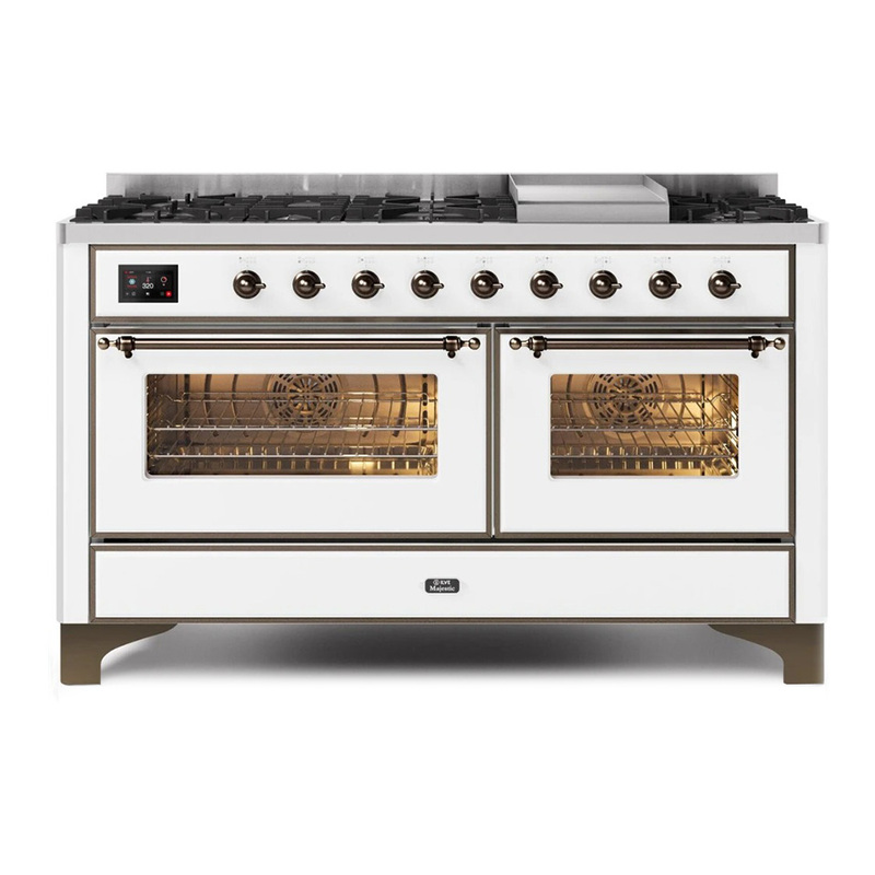 ILVE UM15FDNS3WHBLP Majestic II 60" Dual Fuel Range (Liquid Propane, Triple Glass Door, White, Bronze)