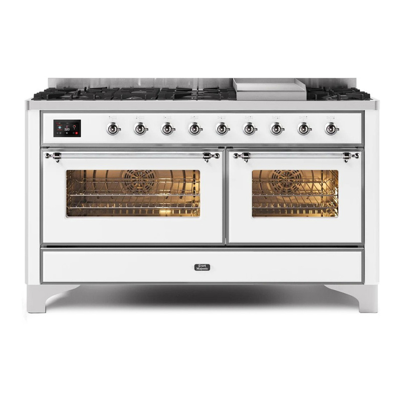 ILVE UM15FDNS3WHCLP Majestic II 60" Dual Fuel Range (Liquid Propane, Triple Glass Door, White, Chrome)