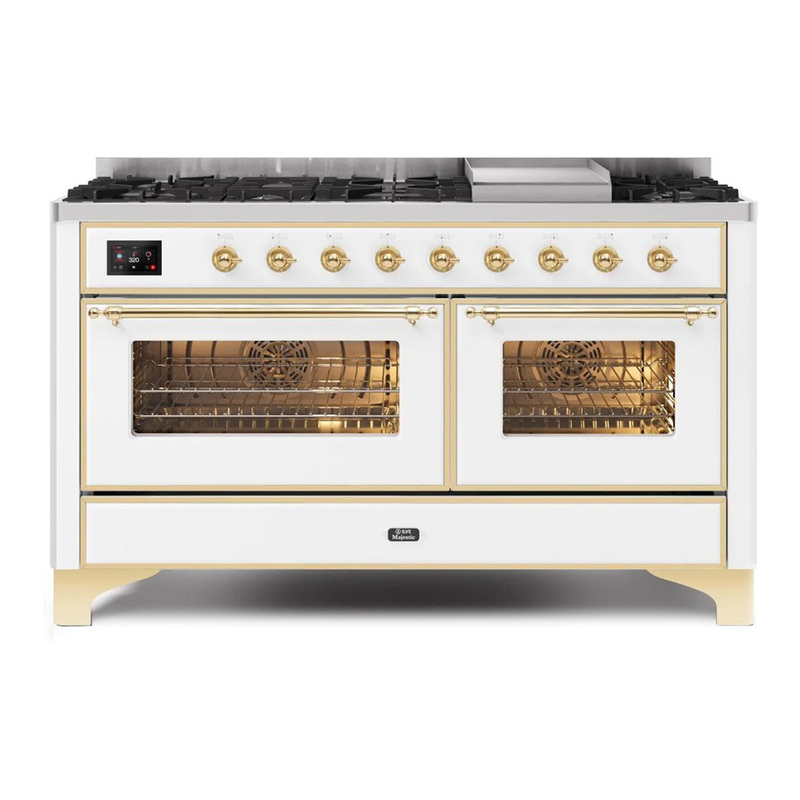 ILVE UM15FDNS3WHGLP Majestic II 60" Dual Fuel Range (Liquid Propane, Triple Glass Door, White, Brass)