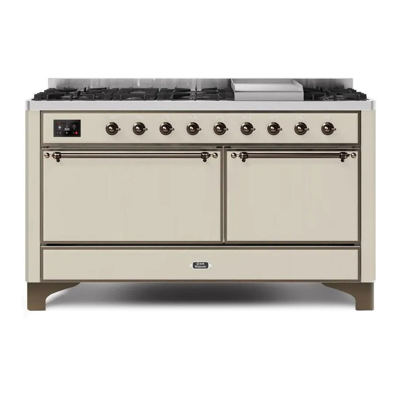 ILVE UM15FDQNS3AWBLP Majestic II 60" Dual Fuel Range (Liquid Propane, Solid Door, Antique White, Bronze)