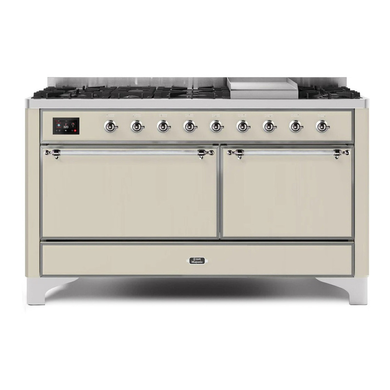 ILVE UM15FDQNS3AWCLP Majestic II 60" Dual Fuel Range (Liquid Propane, Solid Door, Antique White, Chrome)