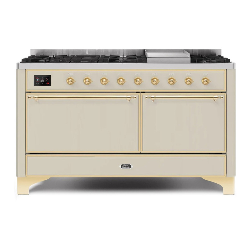 ILVE UM15FDQNS3AWGLP Majestic II 60" Dual Fuel Range (Liquid Propane, Solid Door, Antique White, Brass)