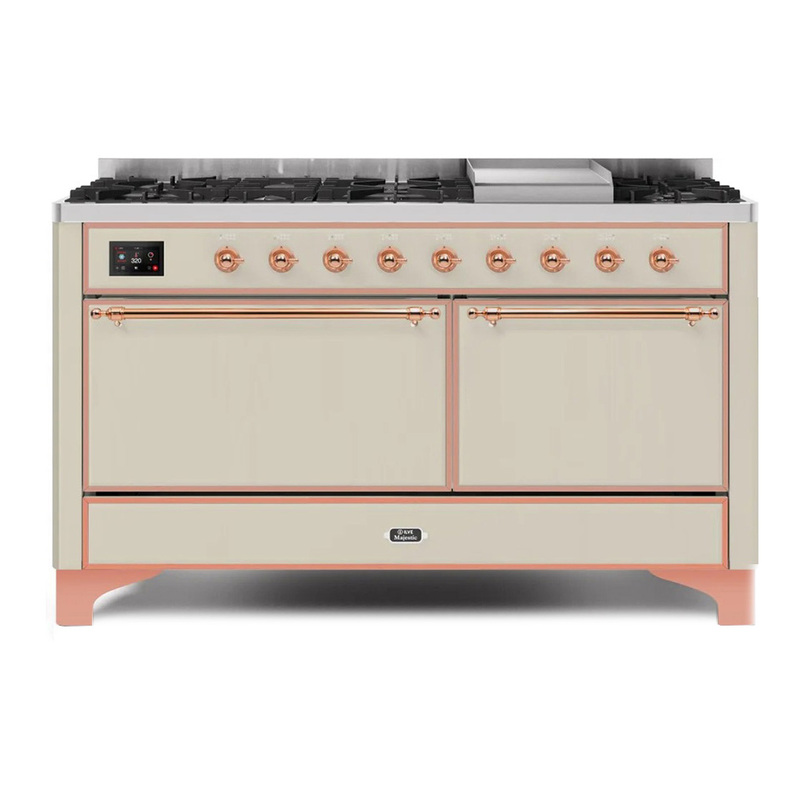 ILVE UM15FDQNS3AWPLP Majestic II 60" Dual Fuel Range (Liquid Propane, Solid Door, Antique White, Copper)