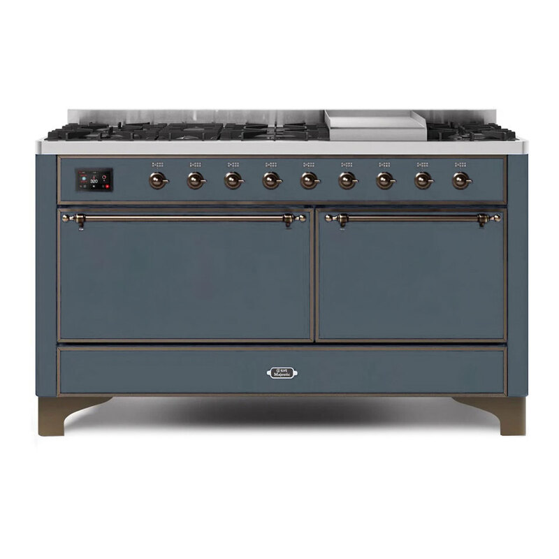 ILVE UM15FDQNS3BGBLP Majestic II 60" Dual Fuel Range (Liquid Propane, Solid Door, Blue Grey, Burnished)