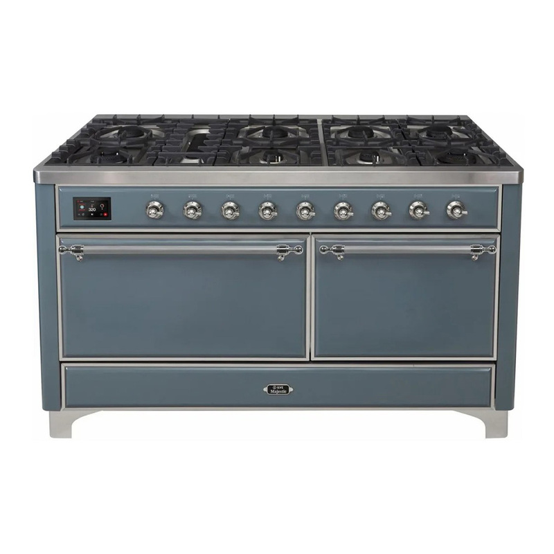 ILVE UM15FDQNS3BGCLP Majestic II 60" Dual Fuel Range (Liquid Propane, Solid Door, Blue Grey, Chrome)