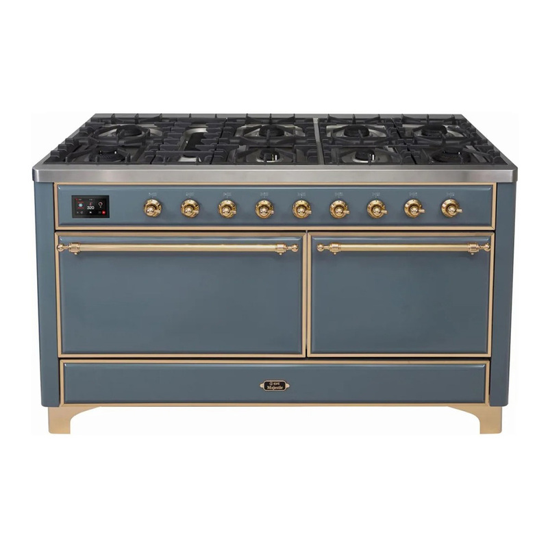 ILVE UM15FDQNS3BGGLP Majestic II 60" Dual Fuel Range (Liquid Propane, Solid Door, Blue Grey, Brass)