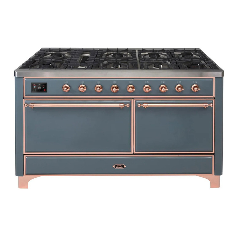 ILVE UM15FDQNS3BGPLP Majestic II 60" Dual Fuel Range (Liquid Propane, Solid Door, Blue Grey, Copper)