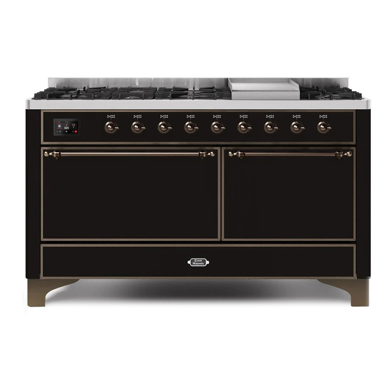 ILVE UM15FDQNS3BKBLP Majestic II 60" Dual Fuel Range (Liquid Propane, Solid Door, Glossy Black, Bronze)