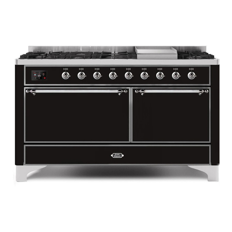 ILVE UM15FDQNS3BKCLP Majestic II 60" Dual Fuel Range (Liquid Propane, Solid Door, Glossy Black, Chrome)