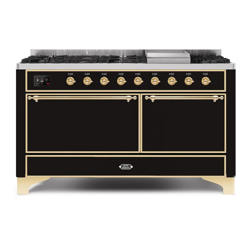 ILVE UM15FDQNS3BKGLP Majestic II 60" Dual Fuel Range (Liquid Propane, Solid Door, Glossy Black, Brass)