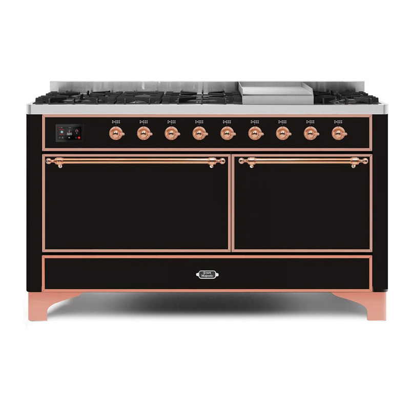 ILVE UM15FDQNS3BKPLP Majestic II 60" Dual Fuel Range (Liquid Propane, Solid Door, Glossy Black, Copper)