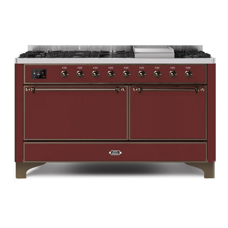 ILVE UM15FDQNS3BUBLP Majestic II 60" Dual Fuel Range (Liquid Propane, Solid Door, Burgundy, Bronze)