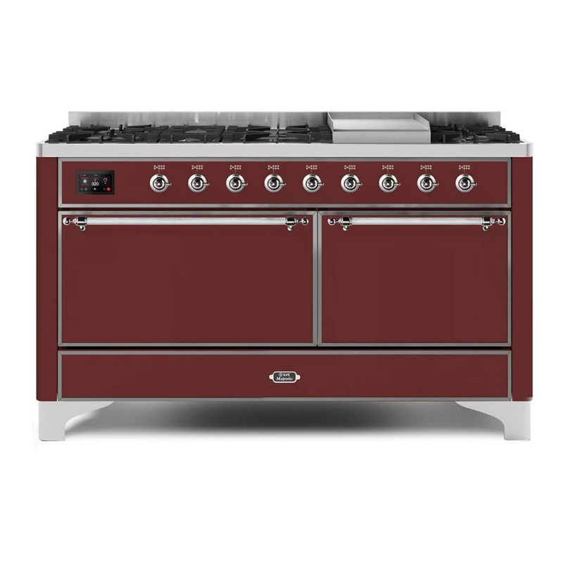 ILVE UM15FDQNS3BUCLP Majestic II 60" Dual Fuel Range (Liquid Propane, Solid Door, Burgundy, Chrome)