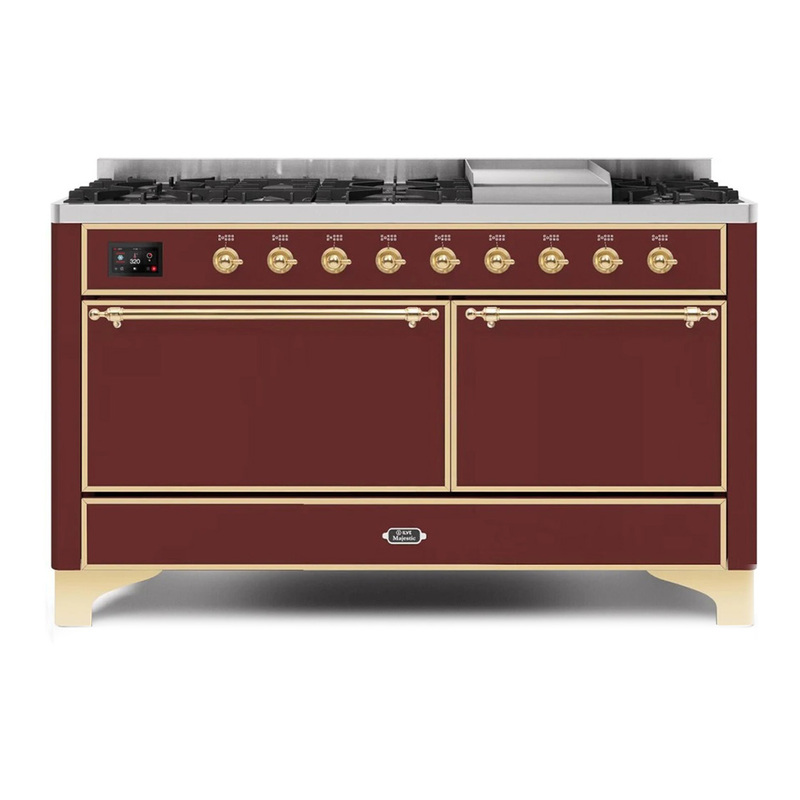 ILVE UM15FDQNS3BUGLP Majestic II 60" Dual Fuel Range (Liquid Propane, Solid Door, Burgundy, Brass)