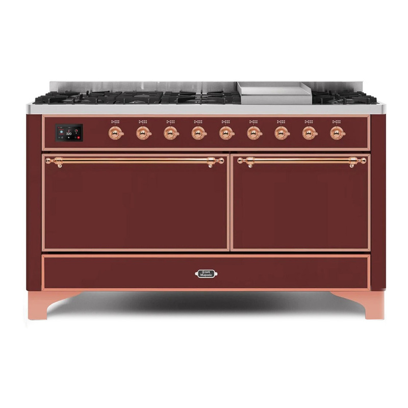 ILVE UM15FDQNS3BUPLP Majestic II 60" Dual Fuel Range (Liquid Propane, Solid Door, Burgundy, Copper)