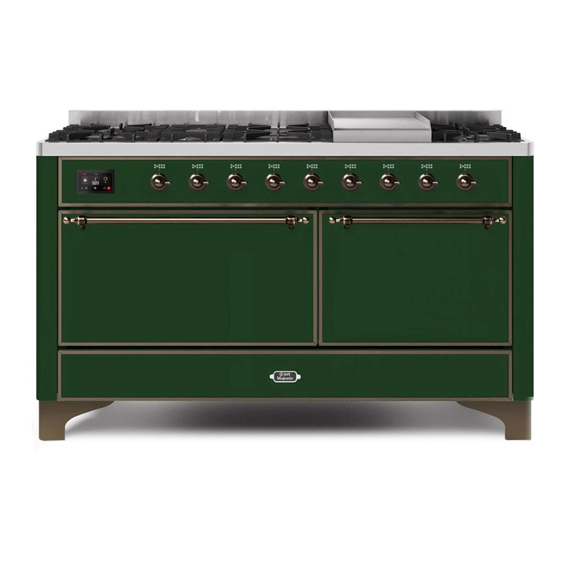 ILVE UM15FDQNS3EGBLP Majestic II 60" Dual Fuel Range (Liquid Propane, Solid Door, Emerald Green, Bronze)