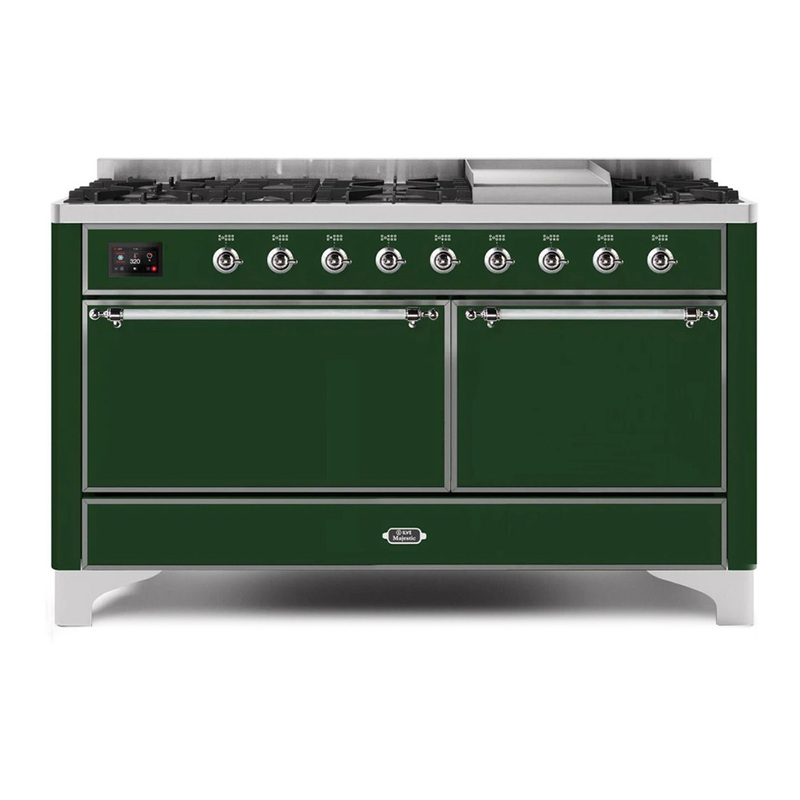 ILVE UM15FDQNS3EGCLP Majestic II 60" Dual Fuel Range (Liquid Propane, Solid Door, Emerald Green, Chrome)